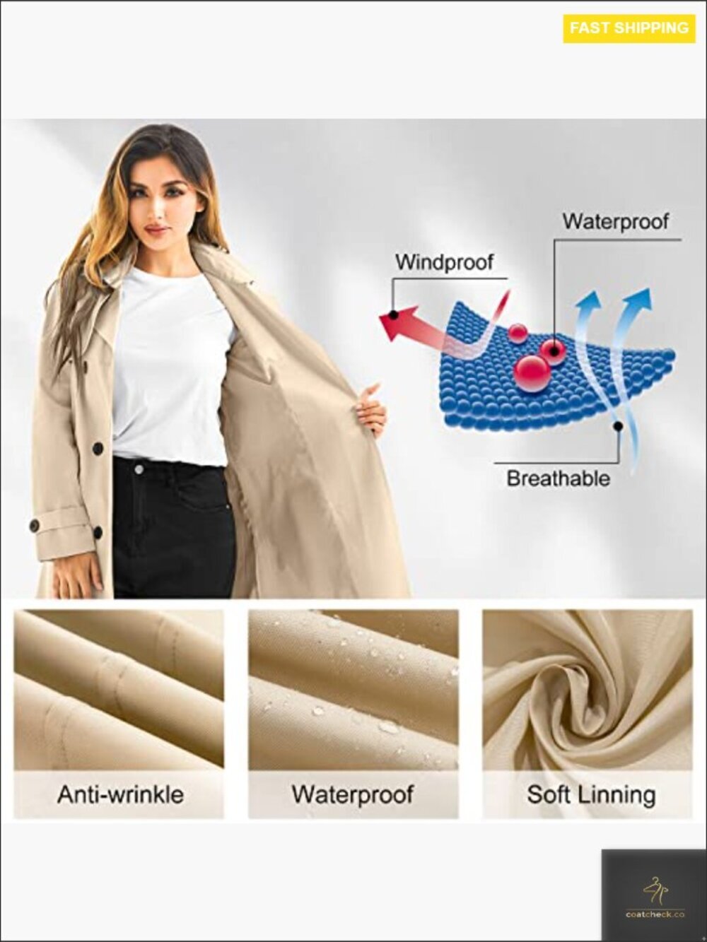 Long Waterproof Trench Coat Double Breasted Classic Lapel Detachable Hood - Picture 6 of 7